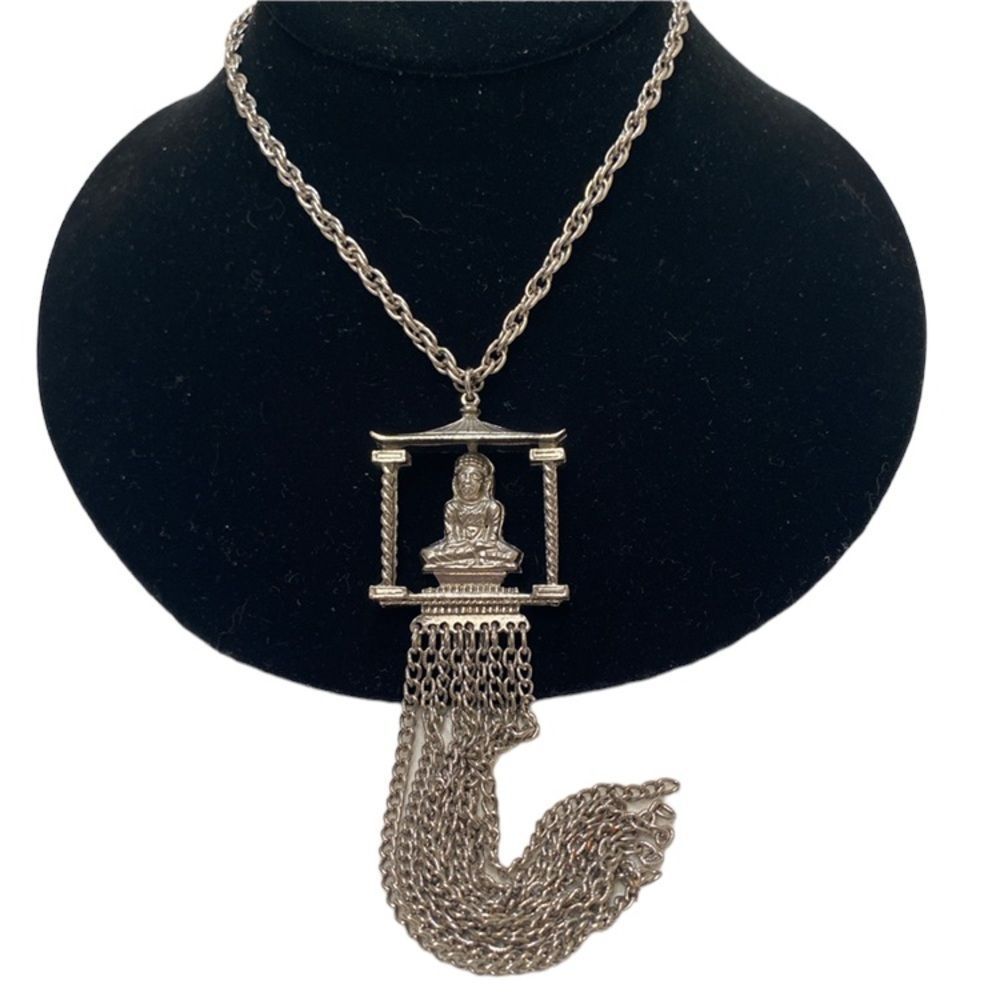 Vintage Silver Chain Link Necklace Goddess Pendant With Tassels